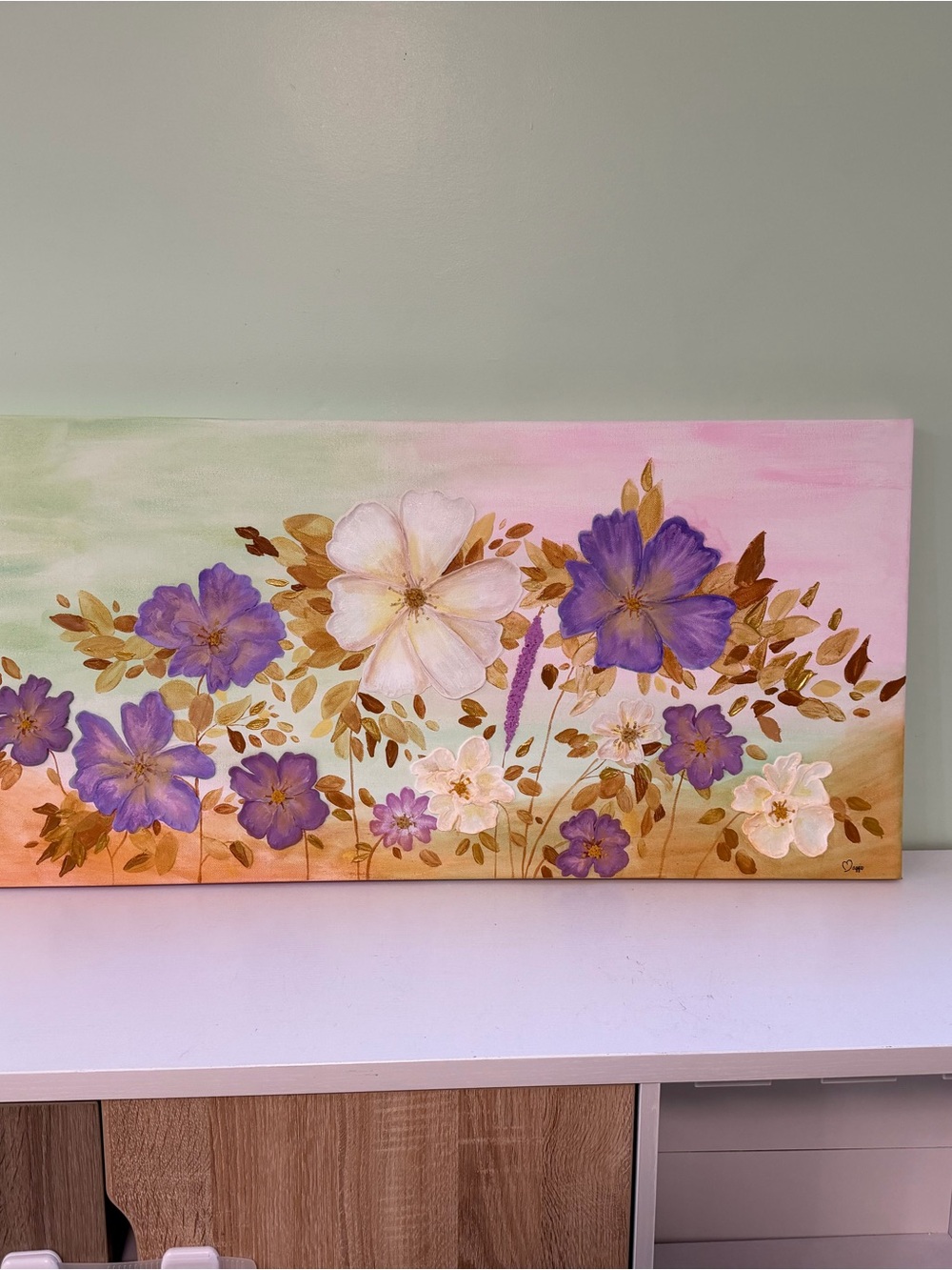 Hand Painted Textured Floral Canvas Art Print in Purple, White and Gold
